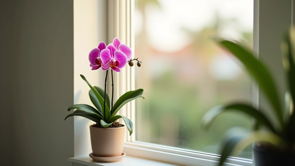 Orquídea floreciendo en invierno junto a ventana con luz suave, decoración interior moderna