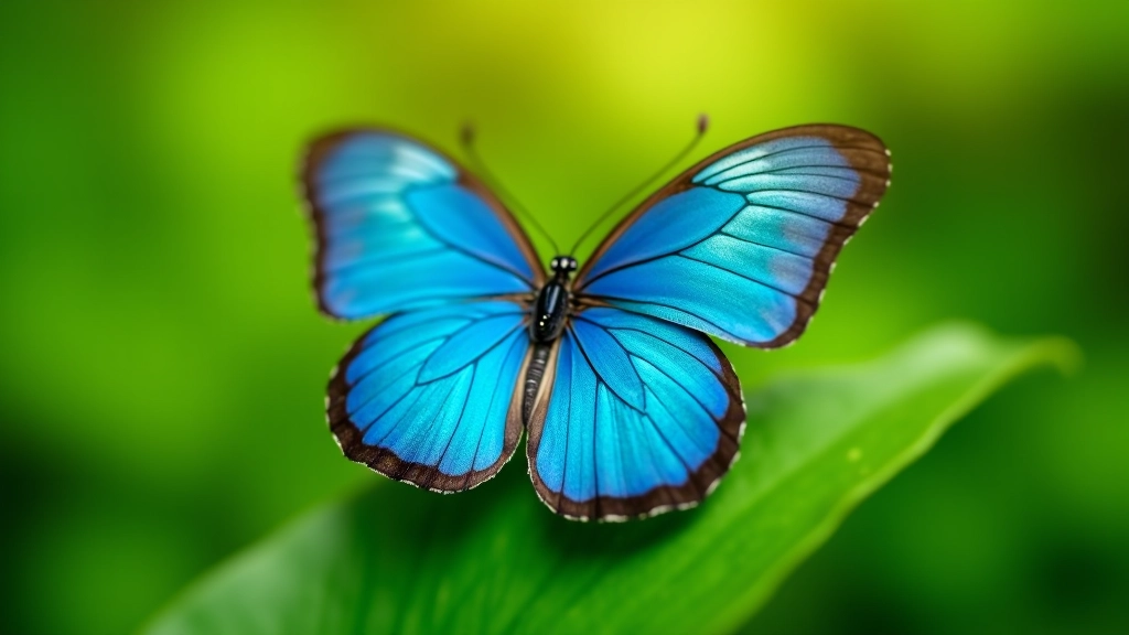 Mariposa Azul brillante descansando en una hoja verde