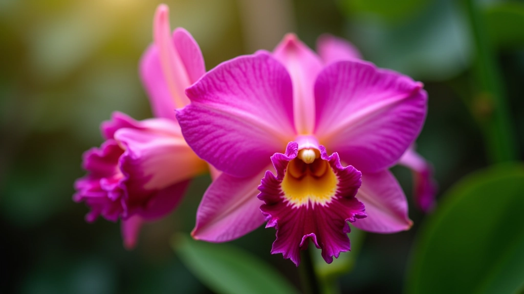 Orquídea Cattleya con flores grandes de color magenta y centro amarillo, fotografía botánica profesional