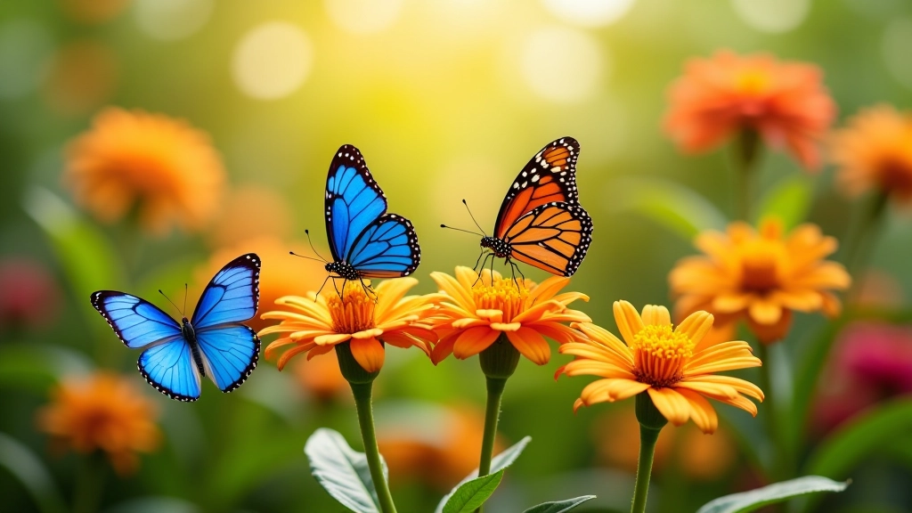 Variedad de mariposas de diferentes colores y tamaños posadas en flores dentro del mariposario