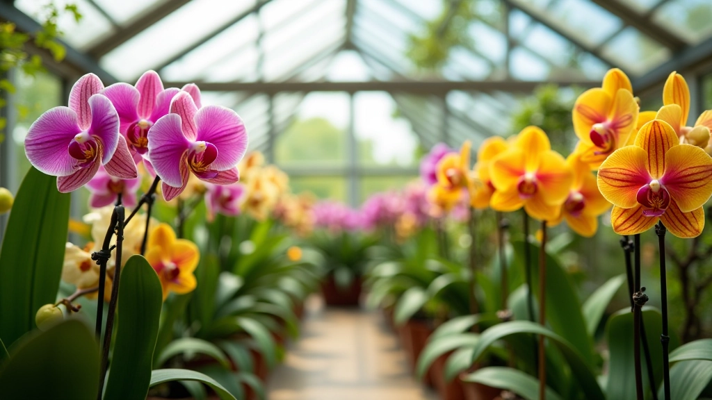 Orquídeas en diversos colores exhibidas en un invernadero con estructura de cristal y luz natural