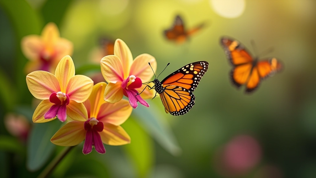 Mariposas coloridas volando entre flores de orquídeas en un jardín botánico bien iluminado