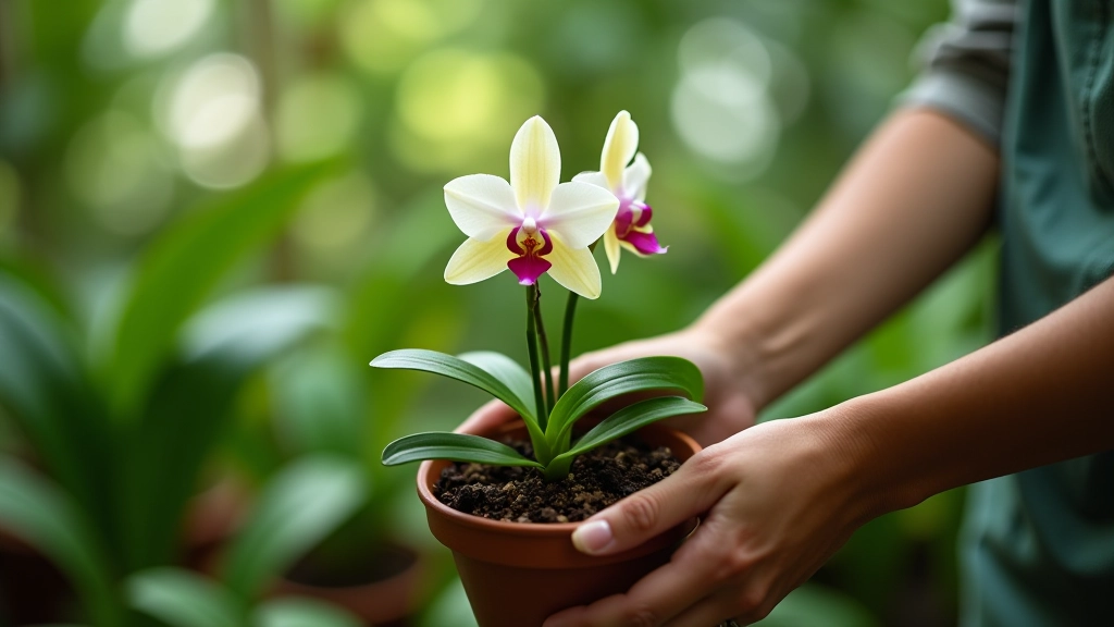 Mano cuidando orquídea joven en maceta con sustrato especial, luz natural en invernadero tropical
