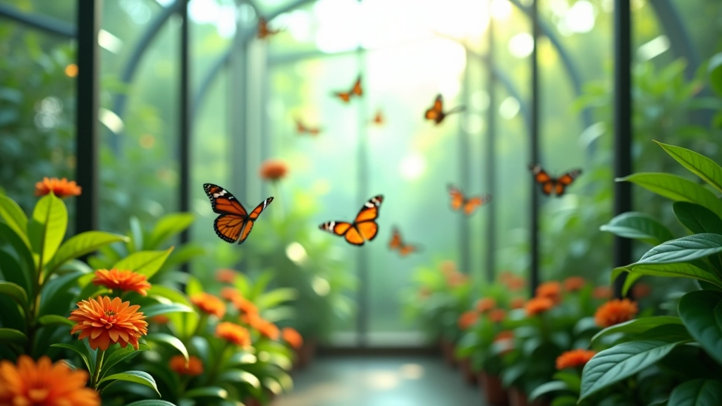 Interior del mariposario con múltiples mariposas volando entre flores tropicales y vegetación exuberante
