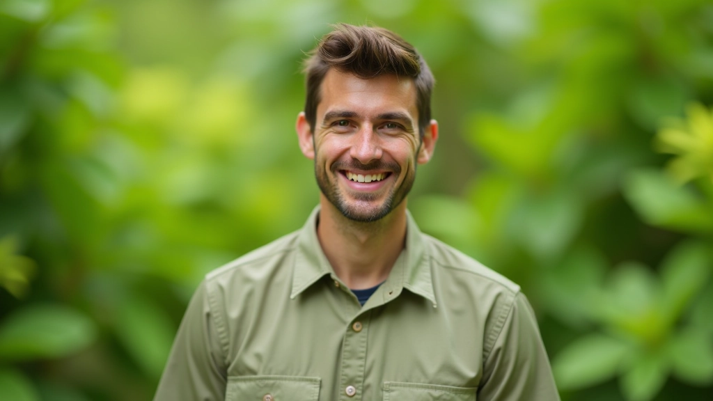 Hombre entomólogo con experiencia, uniforme profesional, expresión amable y accesible, retrato profesional de pecho hacia arriba, luz natural clara