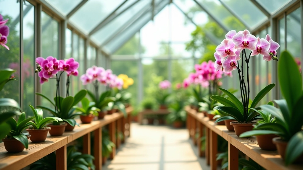 Invernadero de cristal moderno con orquídeas coloridas cuidadosamente organizadas en estantes de madera natural, luz natural suave, ambiente tranquilo y acogedor