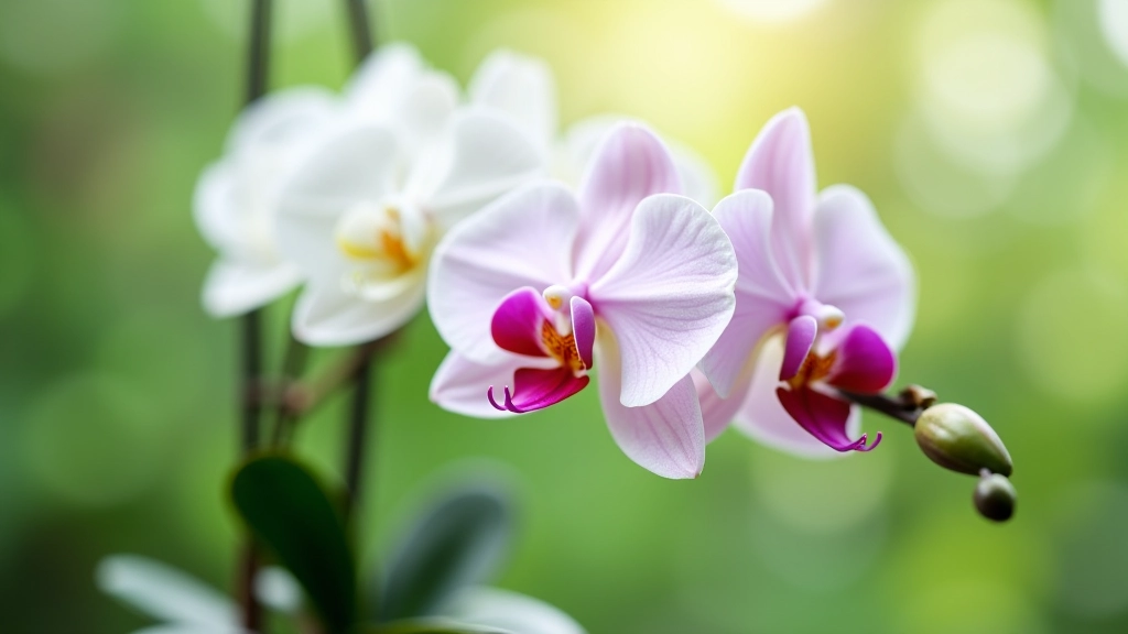 Orquídea Phalaenopsis con flores blancas y rosa en una maceta de cristal, luz natural suave