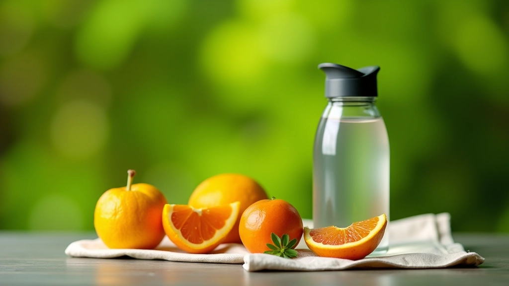 Botella de agua reutilizable, fruta fresca, y snacks saludables sobre una servilleta de tela en ambiente de jardín verde