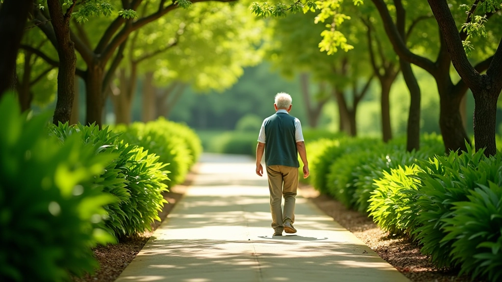 Persona mayor disfrutando de un paseo tranquilo por senderos sombreados del jardín botánico
