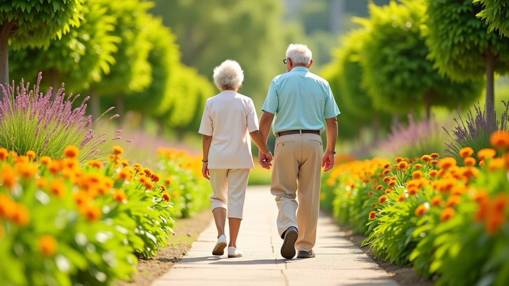 Pareja de mayores caminando tranquilamente por sendero del jardín botánico, disfrutando de flores y plantas, ambiente relajado y seguro