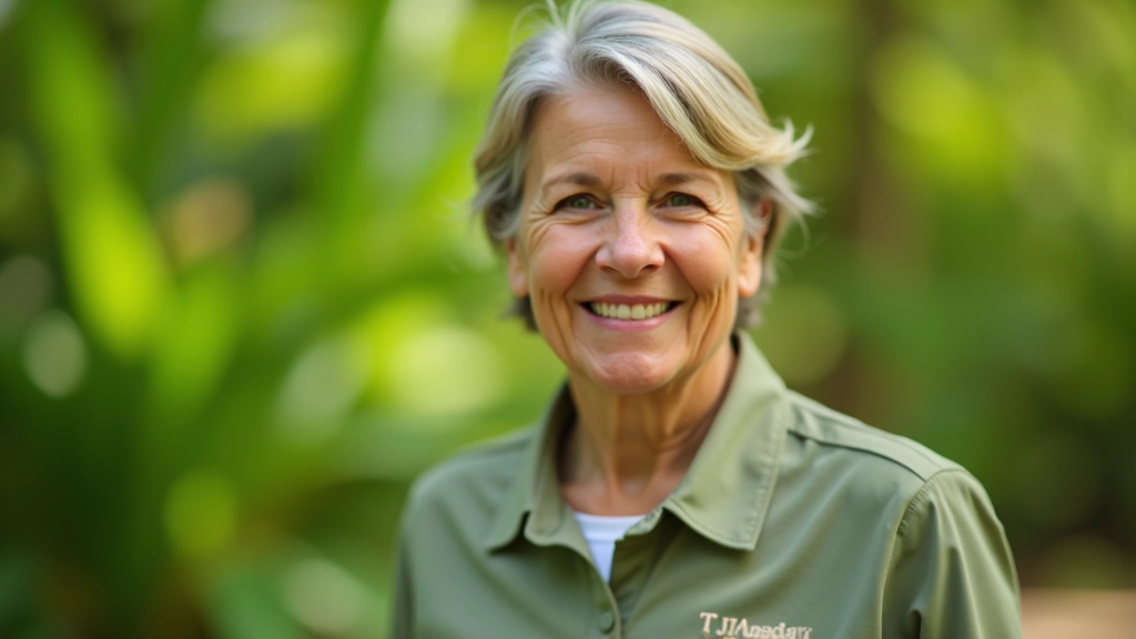 Mujer mayor con experiencia en guía turística, uniforme del jardín, expresión cálida y paciente, retrato profesional de pecho hacia arriba, luz natural suave