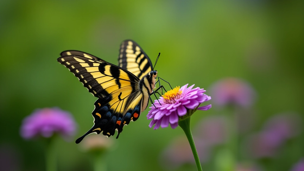 Mariposa Cola de Golondrina negra y amarilla volando sobre flores púrpuras