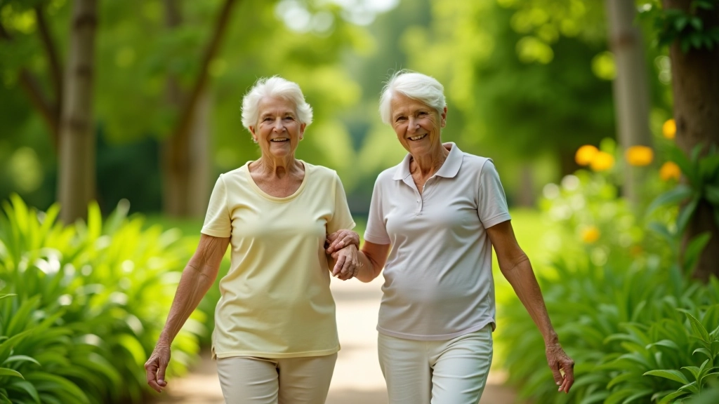 Dos personas mayores caminando juntas por un sendero ancho y bien mantenido del jardín botánico, sonriendo, con árboles verdes a ambos lados