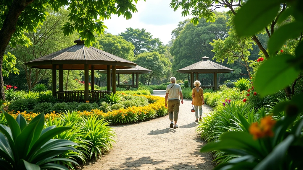 Vista panorámica del jardín botánico con senderos sombreados y flores coloridas en plena floración